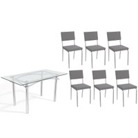 Conjunto: Mesa Sala Jantar Elba c/ Tampo de Vidro 150cm e 6 Cadeiras Zaria Cromada - Suede Cinza - Kappesberg