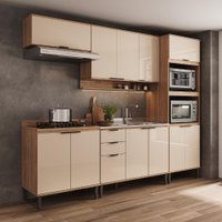 Armário de Cozinha Completa c Balcão Miami Wave Carraro Off White c Freijó