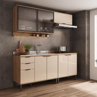 Armário de Cozinha Completa c Balcão Miami Concept Carraro Off White c Freijó