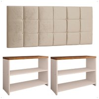 Kit 2 Sapateiras Recamier Quarto Off White/Freijó Cabeceira Suspensa Cama Box Queen 1,60 Almofadada Areia Suede - RPM
