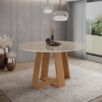 Mesa Lins para 6 lugares Tampo de 140cm redonda com vidro e pes em angulo