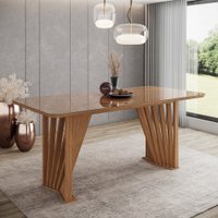 Mesa Adriana para 6 lugares Tampo 200cm canto arredondado com vidro e p&eacute;s ripados