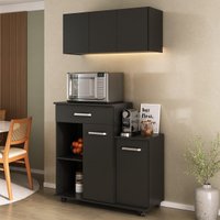 Kit Armário de Cozinha 93cm com Balcão Multiuso para Micro-ondas Multimóveis MP2282 Preto