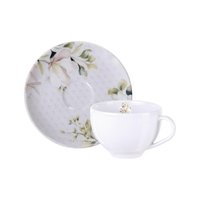 Conjunto Xícara e Pires de Chá Porcelana 250ml Tramontina Magnólia Branca Decorada