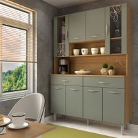 Armário de Cozinha com Balcão Sansa 8 Portas 2 Gavetas com Vidro Freijó/Gris - Panorama Móveis