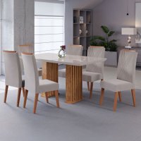 Mesa de Jantar 6 Lugares Platina com Vidro Ripado Mel/Bege/Off White - Viero Móveis