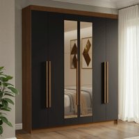 Guarda-Roupa Casal 6 Portas Batentes com Espelho Rustic/Preto/Rustic Venus Madesa