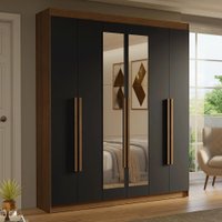 Guarda-Roupa Casal 6 Portas Batentes com Espelho Rustic/Preto/Rustic Saturno Madesa
