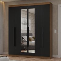 Guarda-Roupa Casal 6 Portas Batentes com Espelho Rustic/Preto/Preto Netuno Madesa