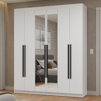Guarda-Roupa Casal 6 Portas Batentes com Espelho Branco/Branco/Preto Netuno Madesa