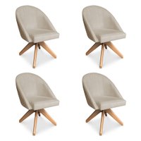 Kit 04 Poltronas Cadeira Giratória Bela Veludo Bege Base de Madeira - Pallazio