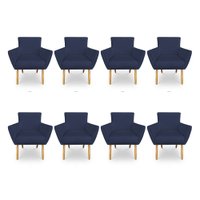 Kit 8 Poltronas Decorativa Leticia Suede Azul Marinho Pés Palito Castanho - Pallazio
