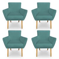 Kit 4 Poltronas Decorativa Leticia Suede Azul Turquesa Pés Palito Castanho - Pallazio