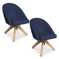 Kit 02 Poltronas Cadeira Giratória Bela Veludo Azul Marinho Base de Madeira - Pallazio