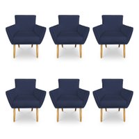 Kit 6 Poltronas Decorativa Leticia Suede Azul Marinho Pés Palito Castanho - Pallazio