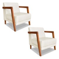 Kit 02 Poltronas Decorativa Natália Linho Natural Base em Madeira Castanho - Pallazio