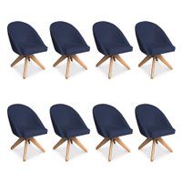 Kit 08 Poltronas Cadeira Giratória Bela Veludo Azul Marinho Base de Madeira - Pallazio