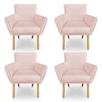 Kit 4 Poltronas Decorativa Leticia Suede Rosa Bebê Pés Palito Castanho - Pallazio