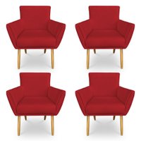 Kit 4 Poltronas Decorativa Leticia Suede Vermelho Pés Palito Castanho - Pallazio