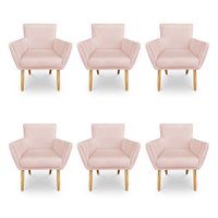 Kit 6 Poltronas Decorativa Leticia Suede Rosa Bebê Pés Palito Castanho - Pallazio