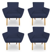 Kit 4 Poltronas Decorativa Leticia Suede Azul Marinho Pés Palito Castanho - Pallazio