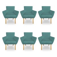 Kit 6 Poltronas Decorativa Leticia Suede Azul Turquesa Pés Palito Castanho - Pallazio