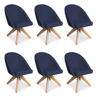 Kit 06 Poltronas Cadeira Giratória Bela Veludo Azul Marinho Base de Madeira - Pallazio
