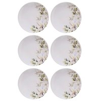 Jogo 6 Pratos de Sobremesa 21cm Tramontina Porcelana Branca Floral Magnólia