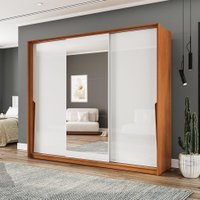 Guarda-Roupa Casal com Espelho Porto 3 Portas 4 Gavetas Freijó e Branco