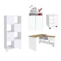 Conjunto de Escrivaninha com Gaveteiro, Estante e Armário de Escritório Wally Gold Cool 6 PT 5 GV Branco e Olmo