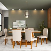 Conjunto de Mesa de Jantar com Vidro e 6 Cadeiras Amélia I Veludo Imbuia e Creme