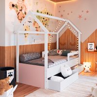 Cama Infantil Montessoriana Miney 2 Gavetas Branco e Rosa