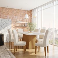 Conjunto de Mesa de Jantar Bianca I com Vidro e 6 Cadeiras Grécia Veludo Creme e Off White