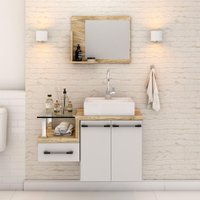 Conjunto de Gabinete de Banheiro com Cuba Q39 e Espelheira Wood 2 PT 1 GV Branco e Carvalho