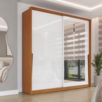 Guarda-Roupa Casal com Espelho Porto 2 Portas 2 Gavetas Branco e Freijó