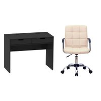 Conjunto de Mesa New Preta com Cadeira de Escritório Secretária Giratória Fitz Bege