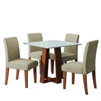 Conjunto Sala de Jantar Mesa Athenas Quadrada 0,90m 4 Cadeiras Trieste Madeirado/Bege Dobuê