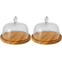 Kit 2 Boleiras Madeira Teca com Cúpula 27cm Plástica Prato para Bolo Mesa Posta Zanline