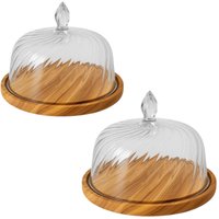 Kit 2 Boleiras de Madeira Teca com Cúpula Plástica 32x20cm Bolos Tortas Zanline