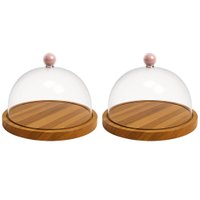 2 Boleiras 27cm de Madeira com Cúpula Plástica Prato Doces Buffet Zanline