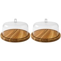 Kit 2 Boleiras Teca com Cúpula Acrílica 32cm Prato para Bolo Doces Tortas Zanline