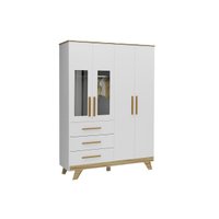 Guarda Roupa Bebê c/ 4 Portas (2 Cristal) e 4 Gavetas Retrô Branco/Amendoa - Peroba