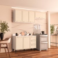 Cozinha Completa com Tampo Amara 6 Portas 3 Gavetas Creme e Branca