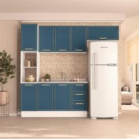Cozinha Compacta Sem Tampo com Rodapé Amara 8 Portas 3 Gavetas Azul e Branca