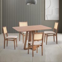 Conjunto de Mesa Retangular com Tampo de Madeira Maciça Frame e 4 Cadeiras Serena Poliéster Bege e Natural