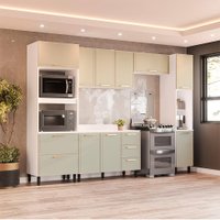 Cozinha Completa com Tampo e Paneleiro Amara 10 Portas 4 Gavetas Verde e Branca