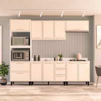 Cozinha Completa com Tampo Amara 10 Portas 4 Gavetas Creme e Branca