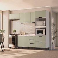 Cozinha Completa com Tampo Meena 8 Portas 4 Gavetas Verde e Branca