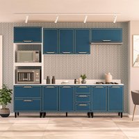 Cozinha Completa com Tampo Amara 10 Portas 4 Gavetas Azul e Branca