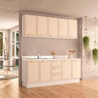 Cozinha Compacta Sem Tampo com Rodapé Amara 9 Portas 3 Gavetas Creme e Branca